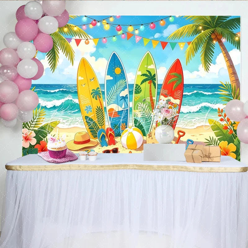 Lofaris Vibrant Summer Beach Photography Backdrop with Surfboards Tropical Ocean Background for Party Decor and Photoshoots