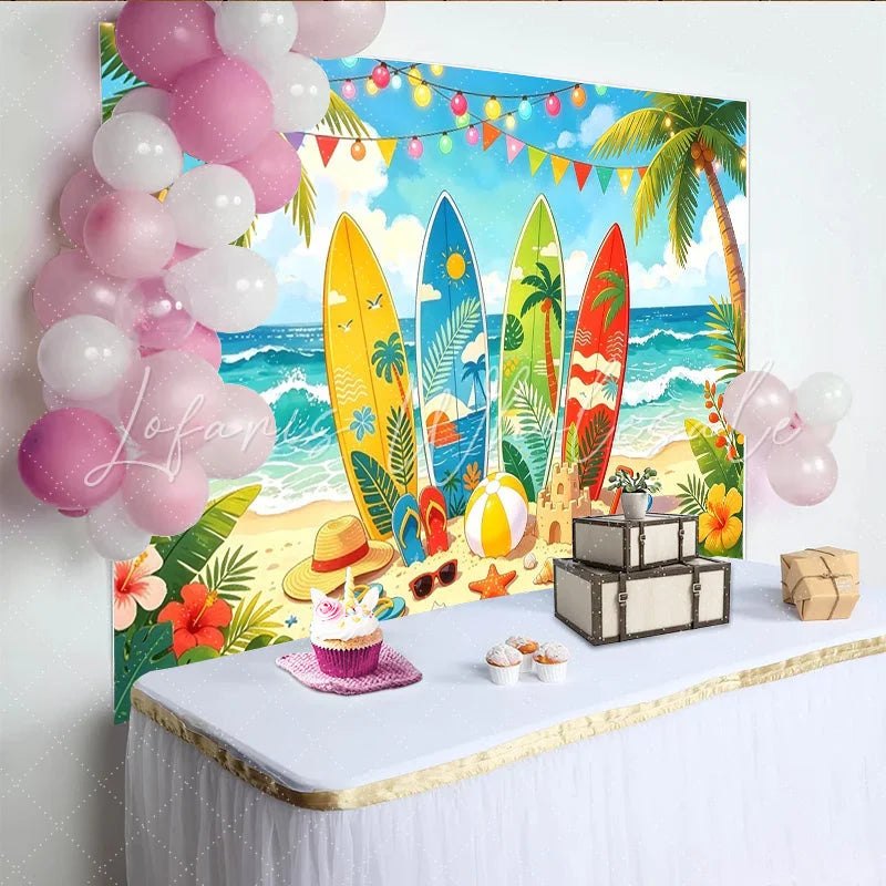Lofaris Vibrant Summer Beach Photography Backdrop with Surfboards Tropical Ocean Background for Party Decor and Photoshoots