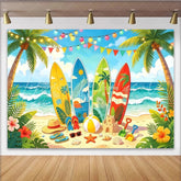 Lofaris Vibrant Summer Beach Photography Backdrop with Surfboards Tropical Ocean Background for Party Decor and Photoshoots