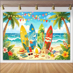Lofaris Vibrant Summer Beach Photography Backdrop with Surfboards Tropical Ocean Background for Party Decor and Photoshoots
