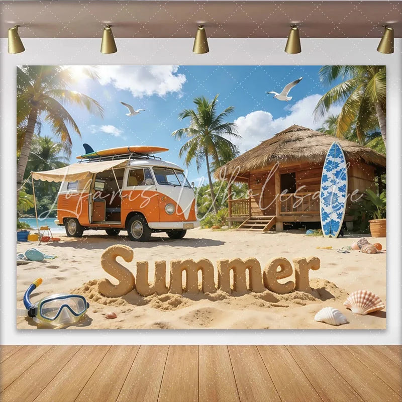 Lofaris Vibrant Summer Beach Photography Backdrop with Vintage Van and Palm Trees Tropical Vacation Background for Photoshoot