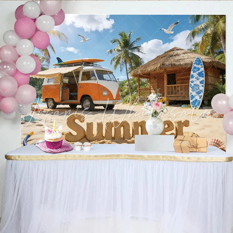 Lofaris Vibrant Summer Beach Photography Backdrop with Vintage Van and Palm Trees Tropical Vacation Background for Photoshoot