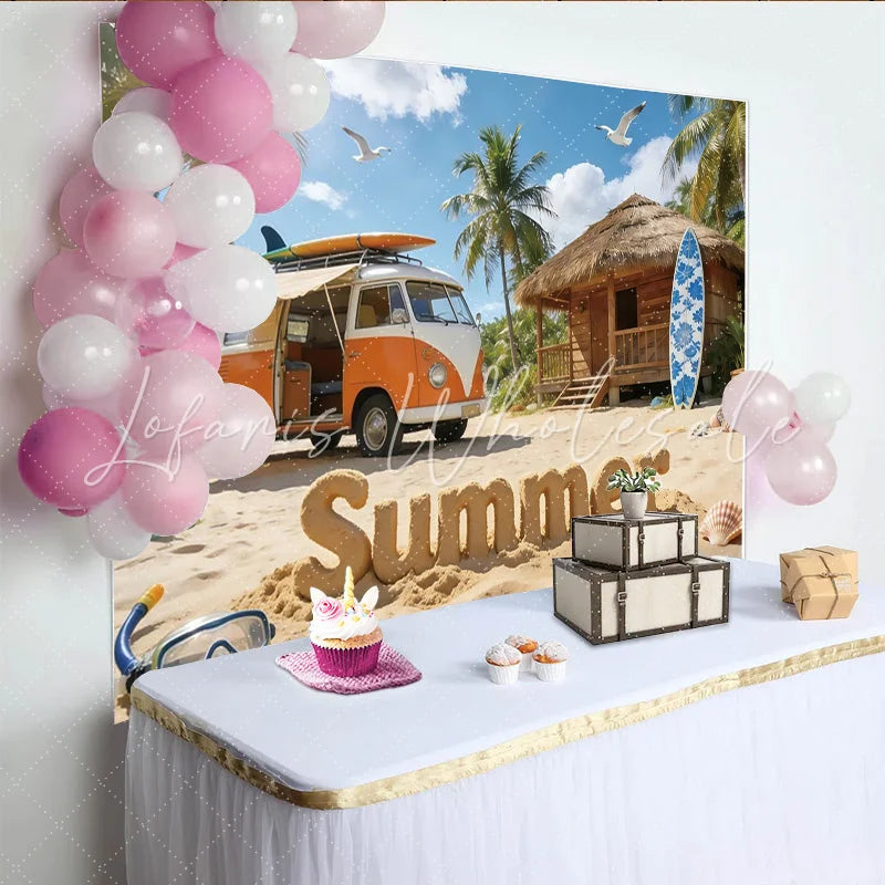 Lofaris Vibrant Summer Beach Photography Backdrop with Vintage Van and Palm Trees Tropical Vacation Background for Photoshoot