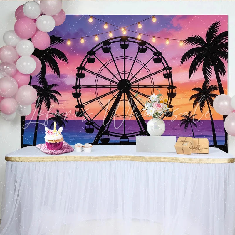 Lofaris Vibrant Sunset Beach Carnival Photography Backdrop Ferris Wheel and Palm Trees Ocean Background for Party Decor