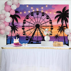 Lofaris Vibrant Sunset Beach Carnival Photography Backdrop Ferris Wheel and Palm Trees Ocean Background for Party Decor
