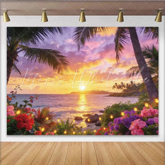 Lofaris Vibrant Sunset Beach Photography Backdrop with Palm Trees and Tropical Flowers Romantic Party Decor for Summer Photoshoot