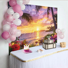 Lofaris Vibrant Sunset Beach Photography Backdrop with Palm Trees and Tropical Flowers Romantic Party Decor for Summer Photoshoot