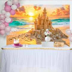 Lofaris Vibrant Sunset Sandcastle Beach Photography Backdrop Ocean Waves Summer Vacation Background for Studio Photoshoot