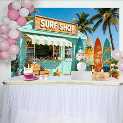 Lofaris Vibrant Surf Shop Photography Backdrop with Colorful Surfboards and Palm Trees Summer Beach Vacation Background for Photoshoot