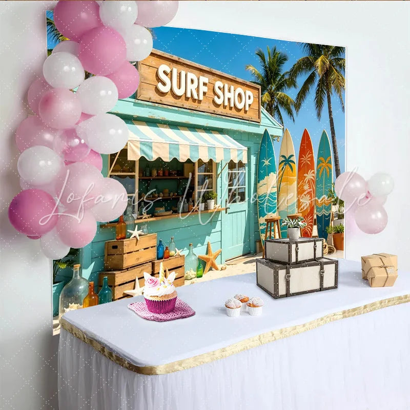 Lofaris Vibrant Surf Shop Photography Backdrop with Colorful Surfboards and Palm Trees Summer Beach Vacation Background for Photoshoot