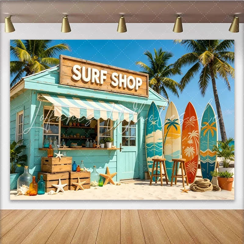 Lofaris Vibrant Surf Shop Photography Backdrop with Colorful Surfboards and Palm Trees Summer Beach Vacation Background for Photoshoot