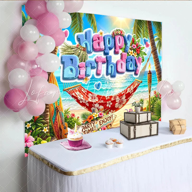 Lofaris Vibrant Tropical Beach Happy Birthday Backdrop with Palm Trees Summer Party Photography Background for Celebration