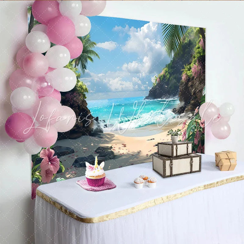 Lofaris Vibrant Tropical Beach Photography Backdrop with Blue Ocean and Palm Trees Scenic Summer Background for Vacation Photoshoot