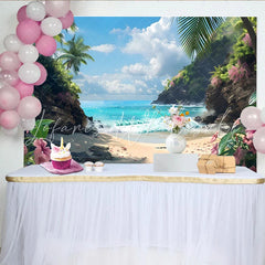 Lofaris Vibrant Tropical Beach Photography Backdrop with Blue Ocean and Palm Trees Scenic Summer Background for Vacation Photoshoot