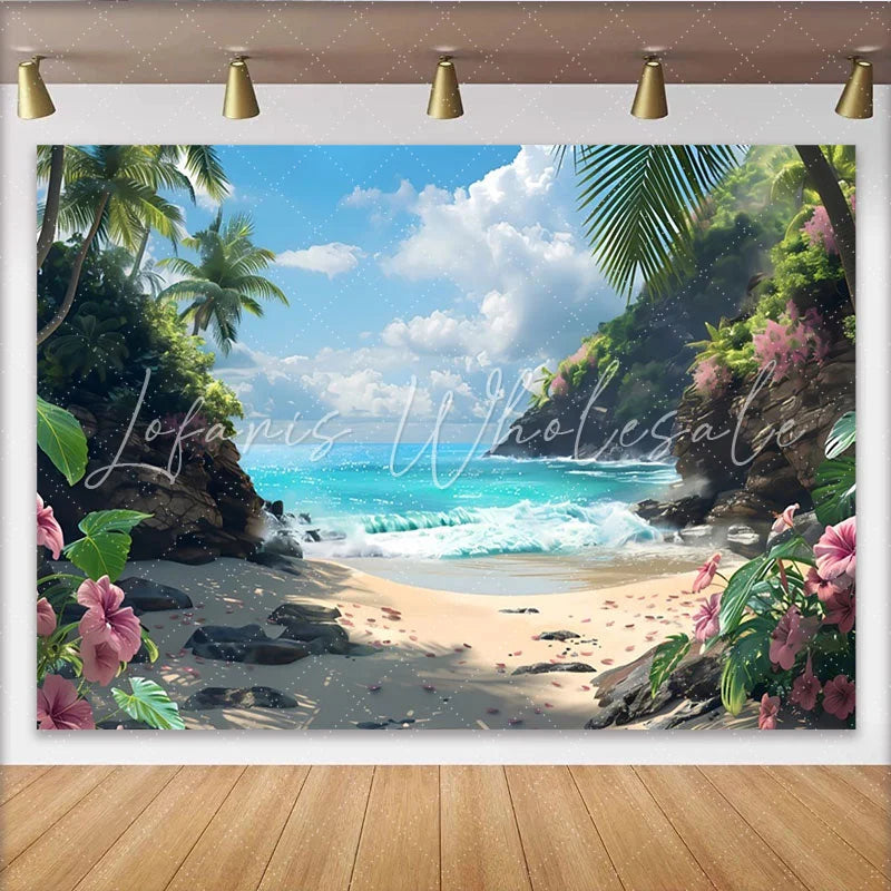 Lofaris Vibrant Tropical Beach Photography Backdrop with Blue Ocean and Palm Trees Scenic Summer Background for Vacation Photoshoot