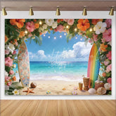 Lofaris Vibrant Tropical Beach Photography Backdrop with Floral Arch and Surfboards Sparkling Ocean Background for Summer Party Decoration
