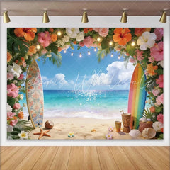 Lofaris Vibrant Tropical Beach Photography Backdrop with Floral Arch and Surfboards Sparkling Ocean Background for Summer Party Decoration