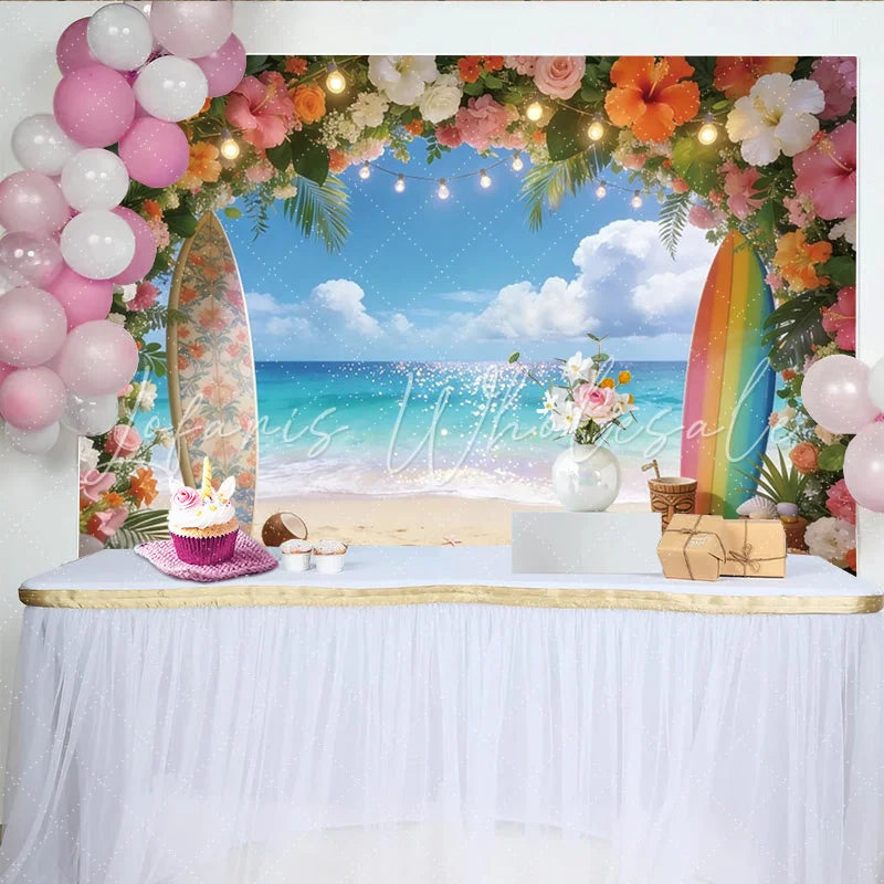 Lofaris Vibrant Tropical Beach Photography Backdrop with Floral Arch and Surfboards Sparkling Ocean Background for Summer Party Decoration