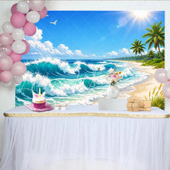 Lofaris Vibrant Tropical Beach Photography Backdrop with Ocean Waves and Palm Trees Sunny Seascape Background for Summer Photoshoot