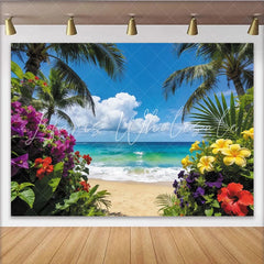Lofaris Vibrant Tropical Beach Photography Backdrop with Palm Trees and Blue Ocean Beautiful Summer Background for Vacation Photoshoot