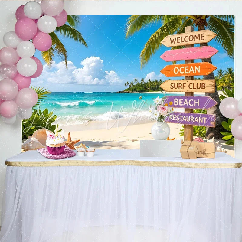Lofaris Vibrant Tropical Beach Photography Backdrop with Palm Trees and Ocean Colorful Wooden Signpost and Seashells Summer Vacation