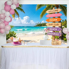 Lofaris Vibrant Tropical Beach Photography Backdrop with Palm Trees and Ocean Colorful Wooden Signpost and Seashells Summer Vacation