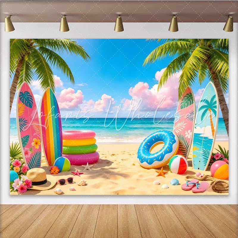 Lofaris Vibrant Tropical Beach Photography Backdrop with Palm Trees and Surfboards Colorful Summer Ocean Background for Vacation Party Decor