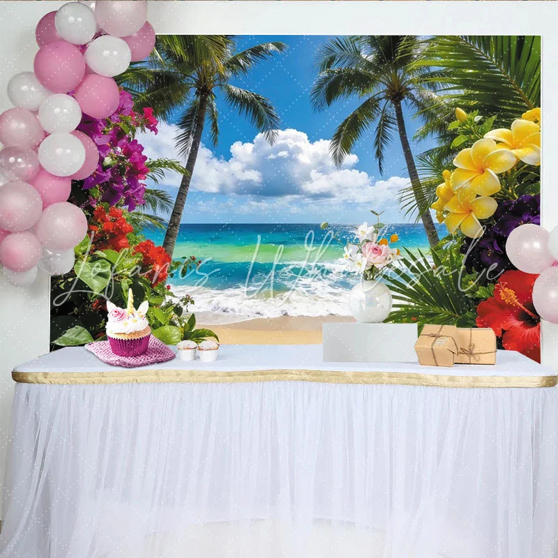 Lofaris Vibrant Tropical Beach Photography Backdrop with Palm Trees Colorful Blooms Stunning Ocean Scenery Background for Summer Photoshoots