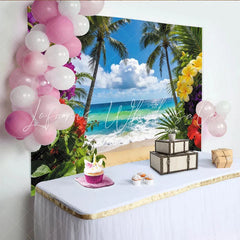 Lofaris Vibrant Tropical Beach Photography Backdrop with Palm Trees Colorful Blooms Stunning Ocean Scenery Background for Summer Photoshoots