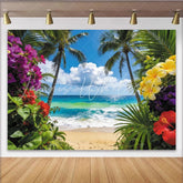 Lofaris Vibrant Tropical Beach Photography Backdrop with Palm Trees Colorful Blooms Stunning Ocean Scenery Background for Summer Photoshoots