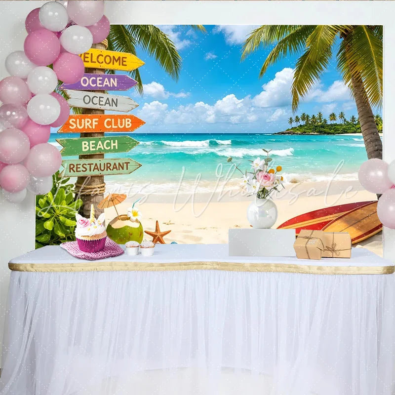 Lofaris Vibrant Tropical Beach Photography Backdrop with Palm Trees Ocean Waves and Surfboards Background for Summer Photoshoot