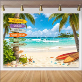 Lofaris Vibrant Tropical Beach Photography Backdrop with Palm Trees Ocean Waves and Surfboards Background for Summer Photoshoot