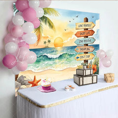Lofaris Vibrant Tropical Beach Photography Backdrop with Sunset and Palm Trees Motivational Sign Background for Summer Party Decor
