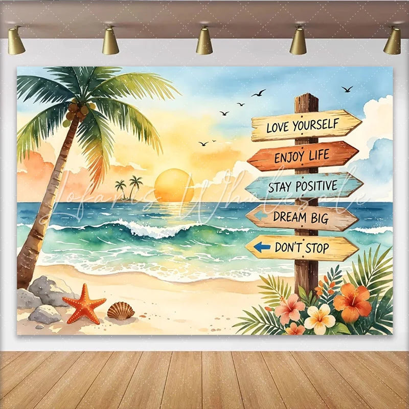 Lofaris Vibrant Tropical Beach Photography Backdrop with Sunset and Palm Trees Motivational Sign Background for Summer Party Decor