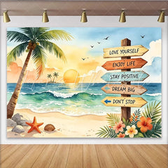 Lofaris Vibrant Tropical Beach Photography Backdrop with Sunset and Palm Trees Motivational Sign Background for Summer Party Decor