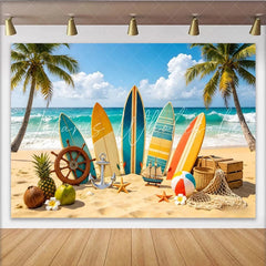 Lofaris Vibrant Tropical Beach Photography Backdrop with Surfboards and Palm Trees Summer Vacation Background for Party Decor