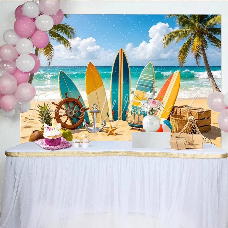 Lofaris Vibrant Tropical Beach Photography Backdrop with Surfboards and Palm Trees Summer Vacation Background for Party Decor