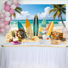 Lofaris Vibrant Tropical Beach Photography Backdrop with Surfboards and Palm Trees Summer Vacation Background for Party Decor
