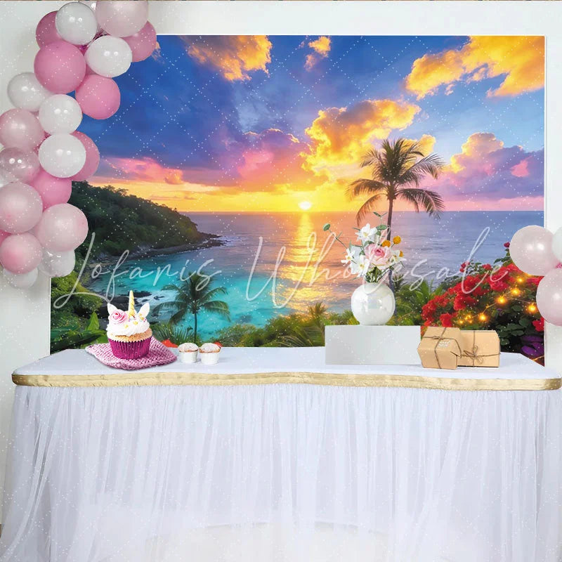 Lofaris Vibrant Tropical Beach Sunset Photography Backdrop with Palm Trees Beautiful Ocean Scenery Background for Summer Party Photoshoot