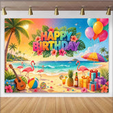 Lofaris Vibrant Tropical Flamingo Birthday Backdrop with Palm Trees Colorful Beach Party Background for Summer Photoshoot