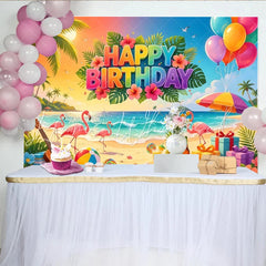Lofaris Vibrant Tropical Flamingo Birthday Backdrop with Palm Trees Colorful Beach Party Background for Summer Photoshoot