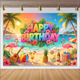 Lofaris Vibrant Tropical Flamingo Happy Birthday Backdrop with Palm Trees Beach Party Decor for Summer Photoshoot and Festive Celebration