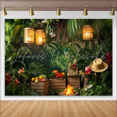Lofaris Vibrant Tropical Jungle Birthday Cake Smash Backdrop Lush Greenery with Campfire and Lanterns for Photoshoot