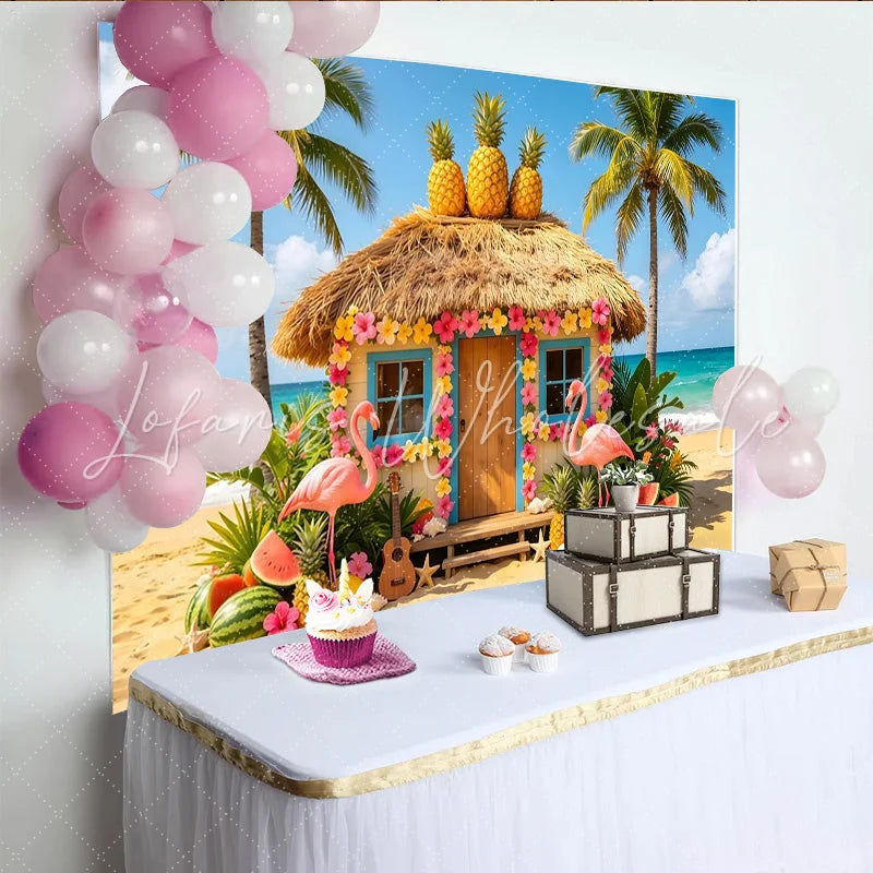 Lofaris Vibrant Tropical Summer Backdrop with Thatched Hut Flamingos Lush Hawaiian Beach Scene Background for Photoshoots