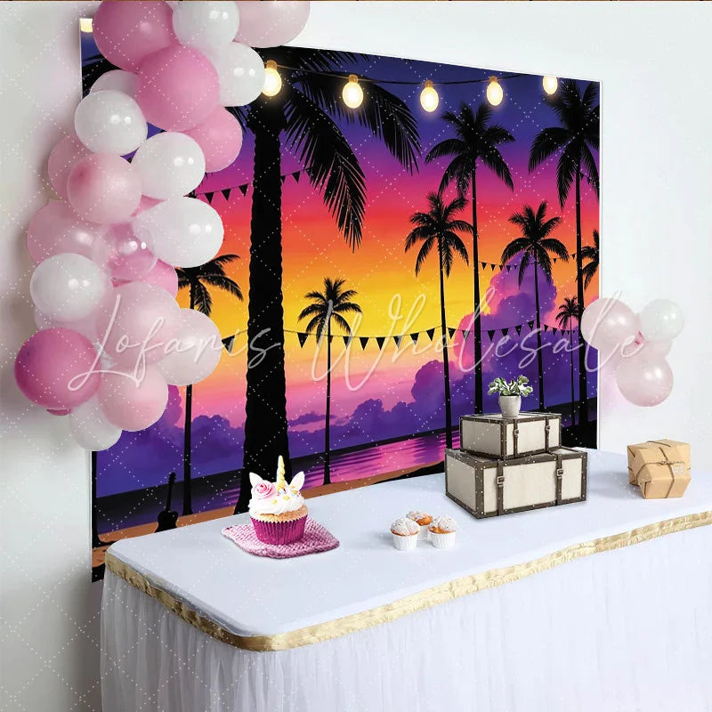 Lofaris Vibrant Tropical Sunset Photography Backdrop with Palm Trees and String Lights Beach Party Background for Summer Photos