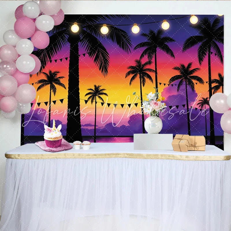 Lofaris Vibrant Tropical Sunset Photography Backdrop with Palm Trees and String Lights Beach Party Background for Summer Photos