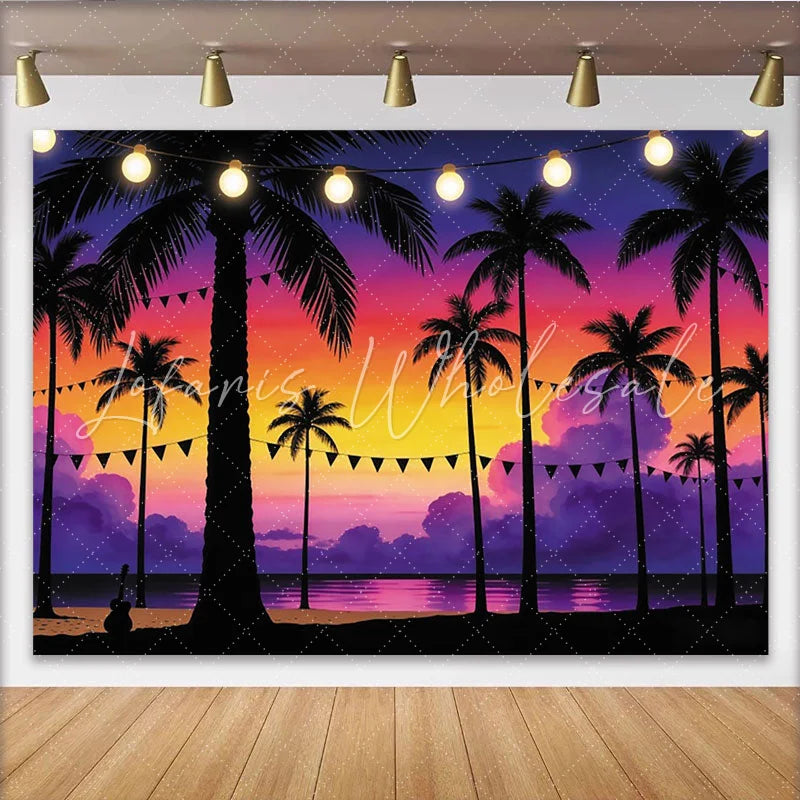 Lofaris Vibrant Tropical Sunset Photography Backdrop with Palm Trees and String Lights Beach Party Background for Summer Photos