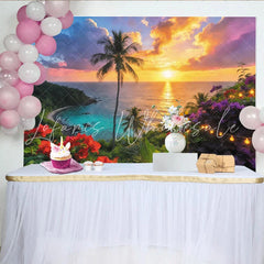 Lofaris Vibrant Tropical Sunset Photography Backdrop with Palm Trees Dreamy Ocean Beach Scene Background with Fairy Lights