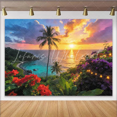 Lofaris Vibrant Tropical Sunset Photography Backdrop with Palm Trees Dreamy Ocean Beach Scene Background with Fairy Lights