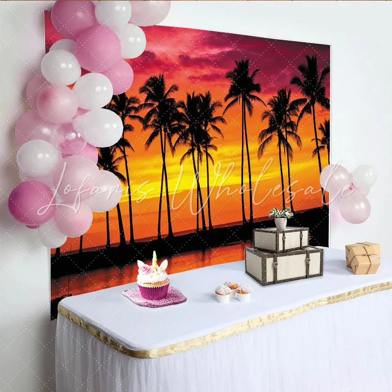 Lofaris Vibrant Tropical Sunset Photography Backdrop with Palm Trees Scenic Beach Background for Summer Party and Studio